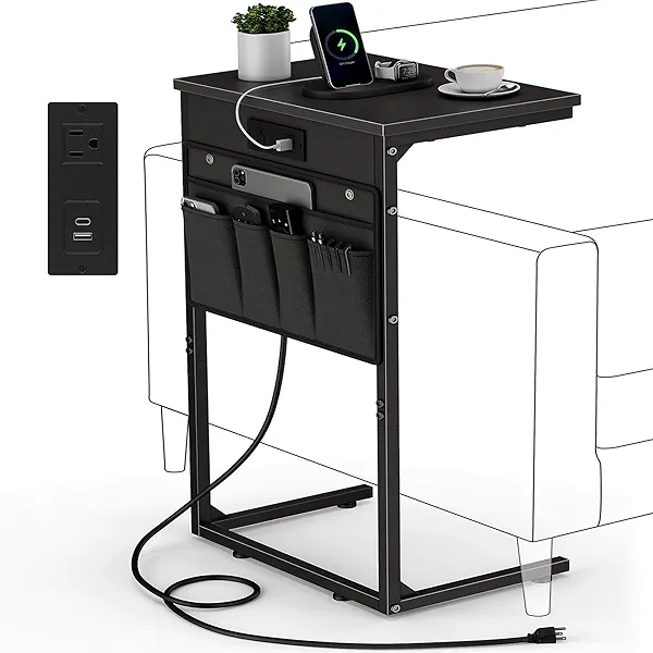 Vagusicc C Shaped End Table with Charging Station, 28" Tall Side Table for Couch, Sofa Table Small Couch Side Coffee Tables, Slide Under Sofa TV Tray Arm C Table for Living Room, Bedroom, Bedside