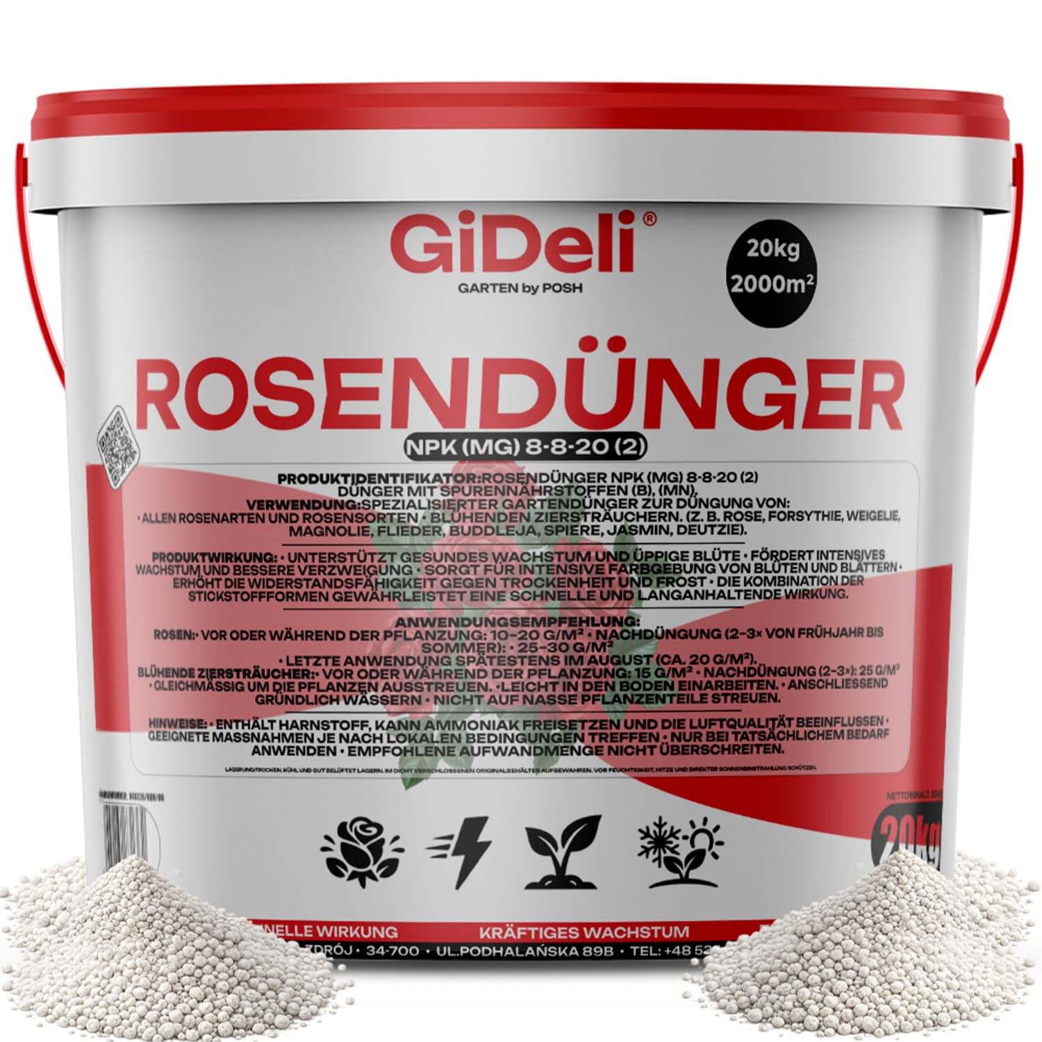 GiDeli Rosendünger Granulat 20 kg im Eimer, für Rosen & Hortensien | hoher Kaliumanteil, mit Magnesium und Mangan, geringer Chloridgehalt, kräftige Ausfärbung, Großgebinde für Profis