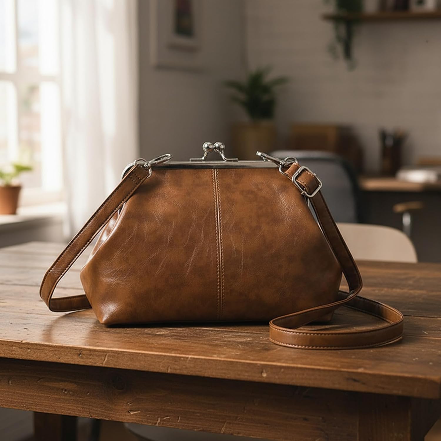 Kiss Lock Crossbody Bag Pu Leather Shoulder Bags For Women Kiss Clasp Handbag Trendy Tote Purse Evening Clutch - Image 4