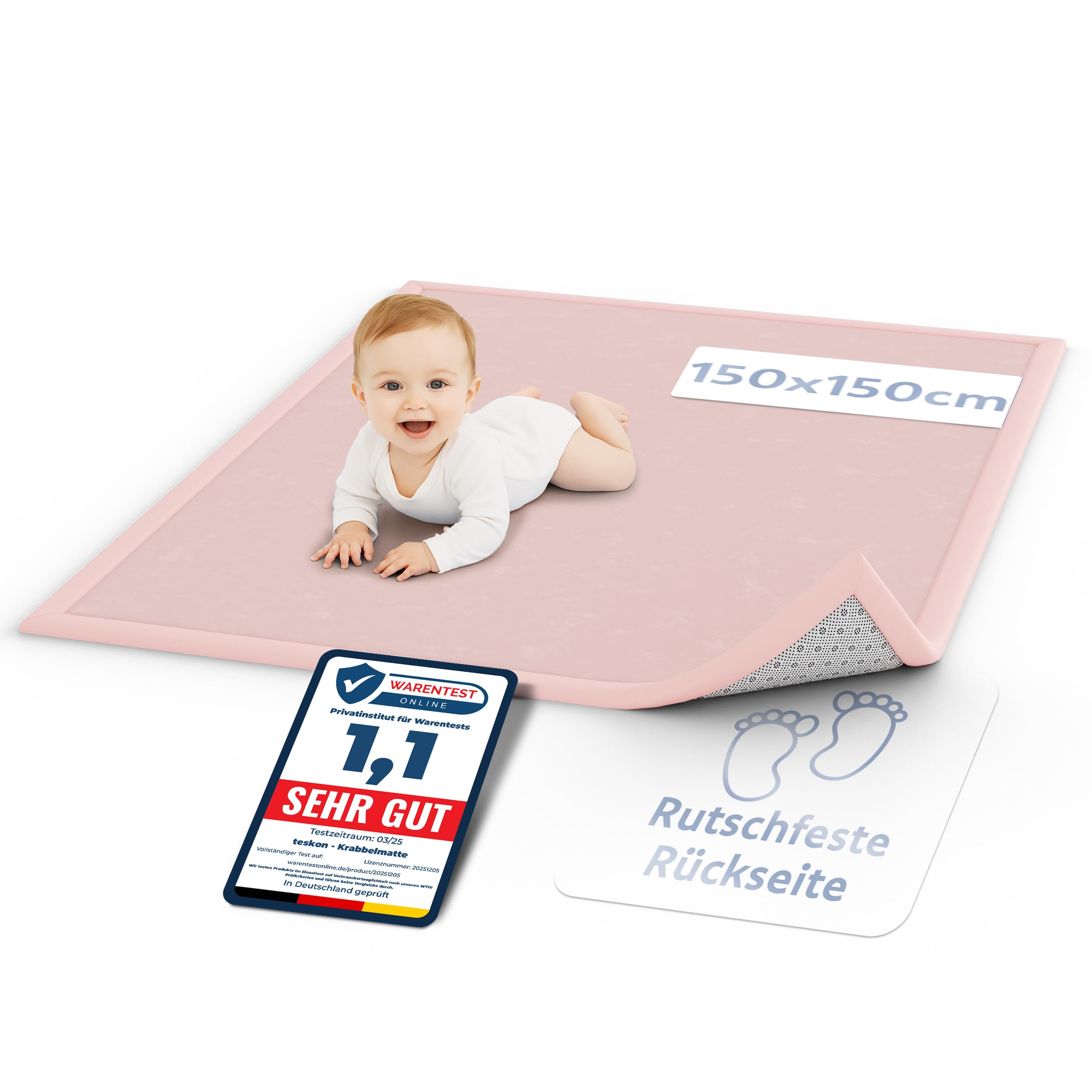 teskon Seidenweiche Krabbelmatte Baby 150x150x3cm pink Extra Dicke(3cm) Spielmatte Kinder mit Premium Memory-Schaum Rutschfester Teppich Kinderzimmer Sichere und gemütliche Krabbeldecke