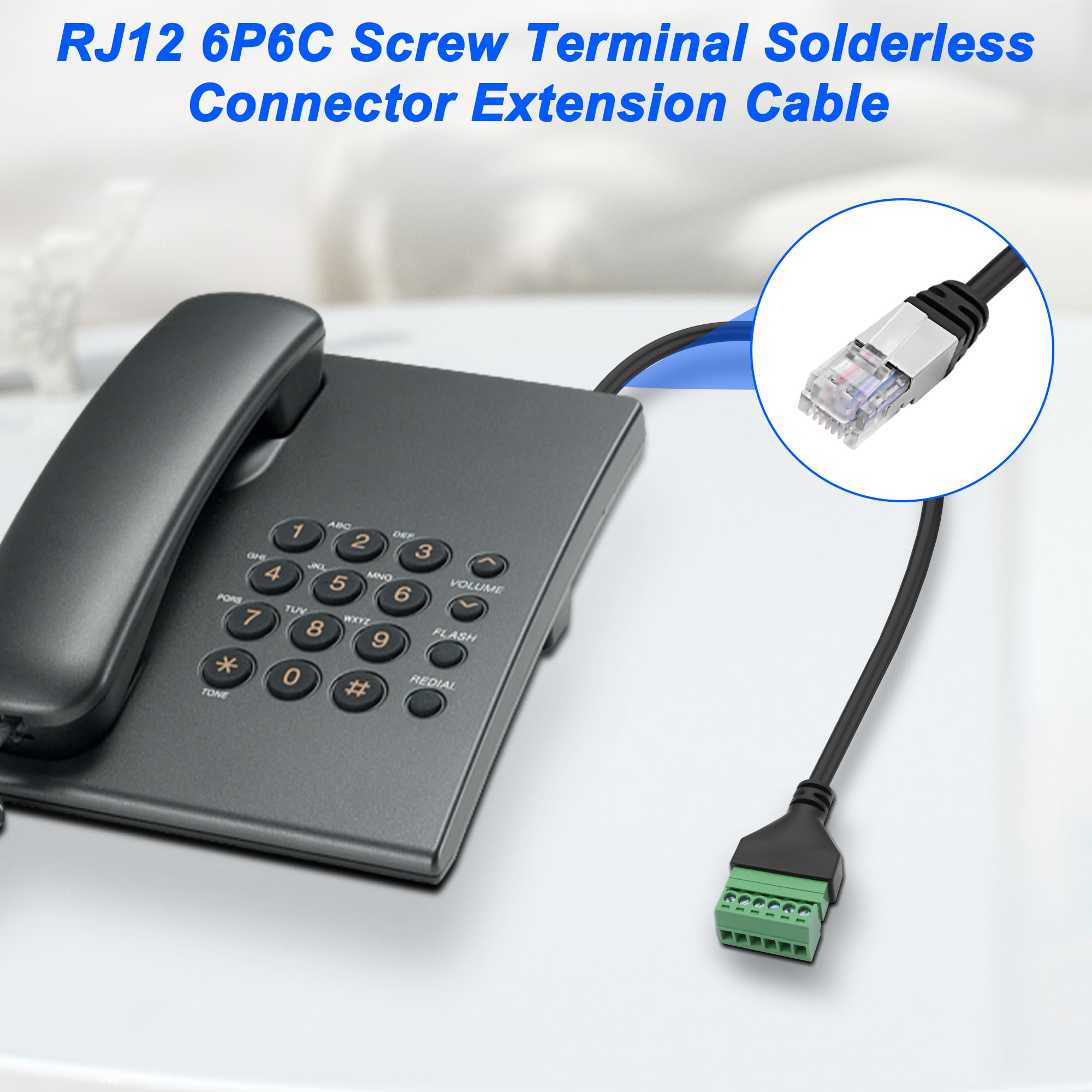 XMSJSIJ rj12 zacisk śrubowy na 6-pinowy, bezlutowy adapter, kabel przedłużający, wtyczka na 6-pinowy, przedłużacz do telefonu stacjonarnego, 2 szt