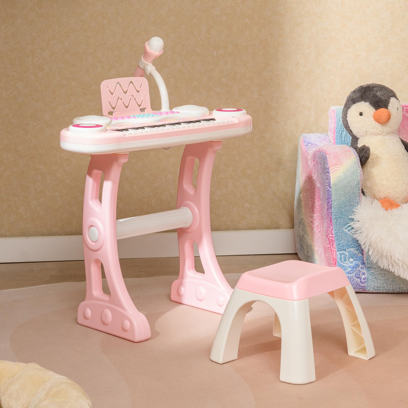 KOMFOTTEU Pianoforte per Bambini con 37 Tasti, Pianola per Bambina con Effetti Luminosi e Microfono Regolabile, Tastiera Musicale Bambini con Sgabello, 8 Ritmi/Suoni per Bambini 3+ Anni (Rosa)