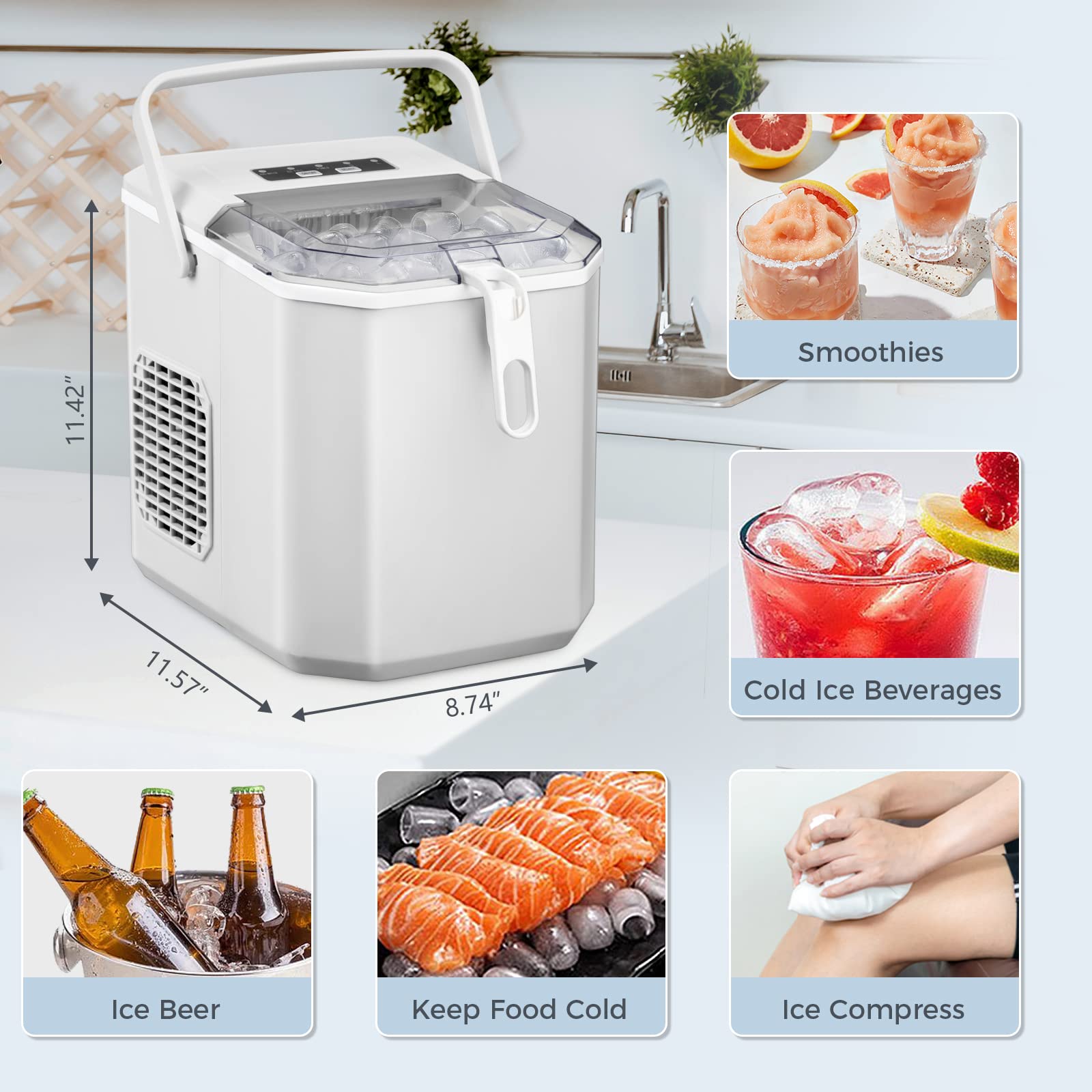 Antarctic Star Countertop Ice Maker, S/L Bullet Ice, 28lbs/Day, 9 Ice Cubes In 6 Mins, Portable Ice Machine With Ice Scoop And Handle, Self-Cleaning, One-Click Operation, For Kitchen Office Home White on Fridge.com - View 5