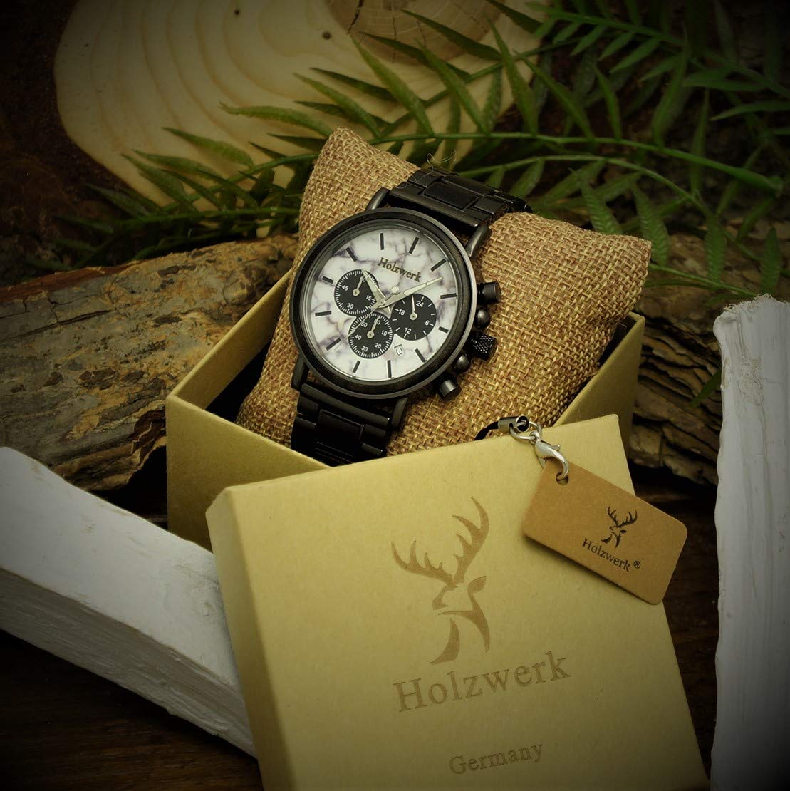 Ręcznie wykonany drewniany mechanizm Germany® designerski zegarek męski eko naturalny drewno zegarek chronograf zegarek na rękę analogowy zegarek kwarcowy brązowy czarny biały marmur kamień data drewno tarcza