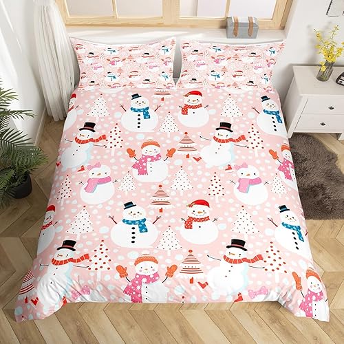 Vista 237 de Juego de funda de edredón rosa de Navidad para niñas, tamaño matrimonial, lindo juego de ropa de cama de dibujos animados de pingüino de Papá Noel