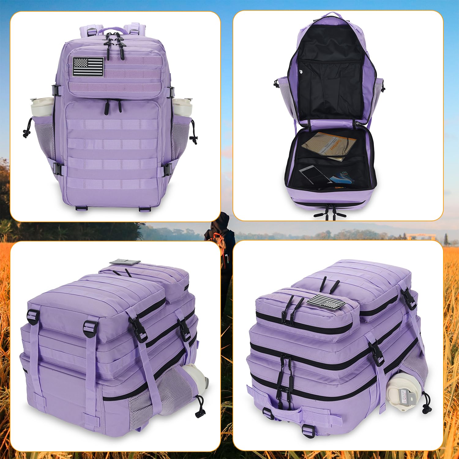 Lovelinks21 Sac à dos tactique 25 L imperméable militaire pour homme et femme Petit sac à dos de voyage Velcro, violet clair, S