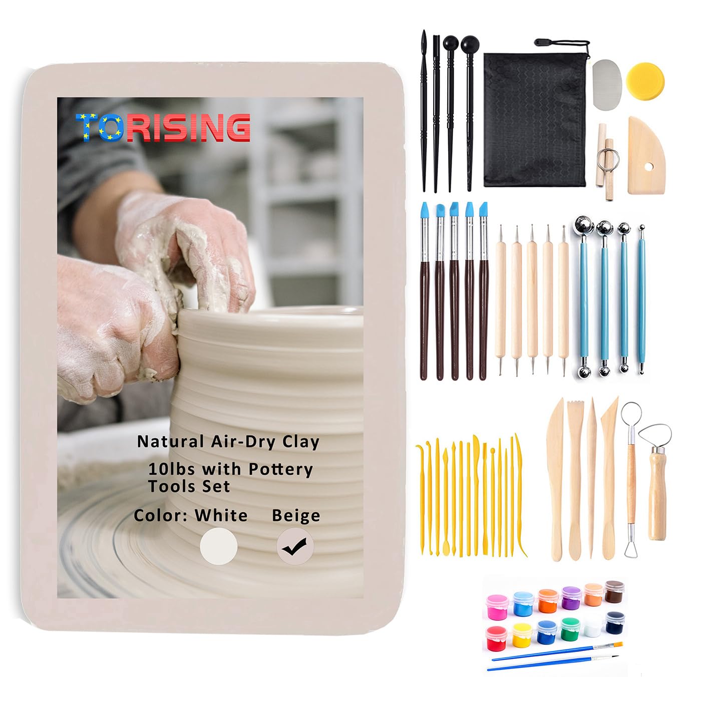 TORISING Air Dry Clay 10 LBs with 42 Pcs Set Pottery Clay Tools Set,12 Vivid Colors 5ml Each and 2 Brushes for Hand Modeling and Throwing, Non-Toxic (Beige)