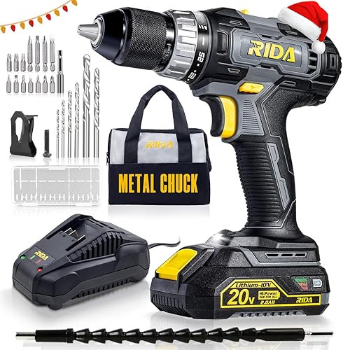 RIDA Cordless Drill Power Drill Cordless 20V 1/2'' Keyless Metal