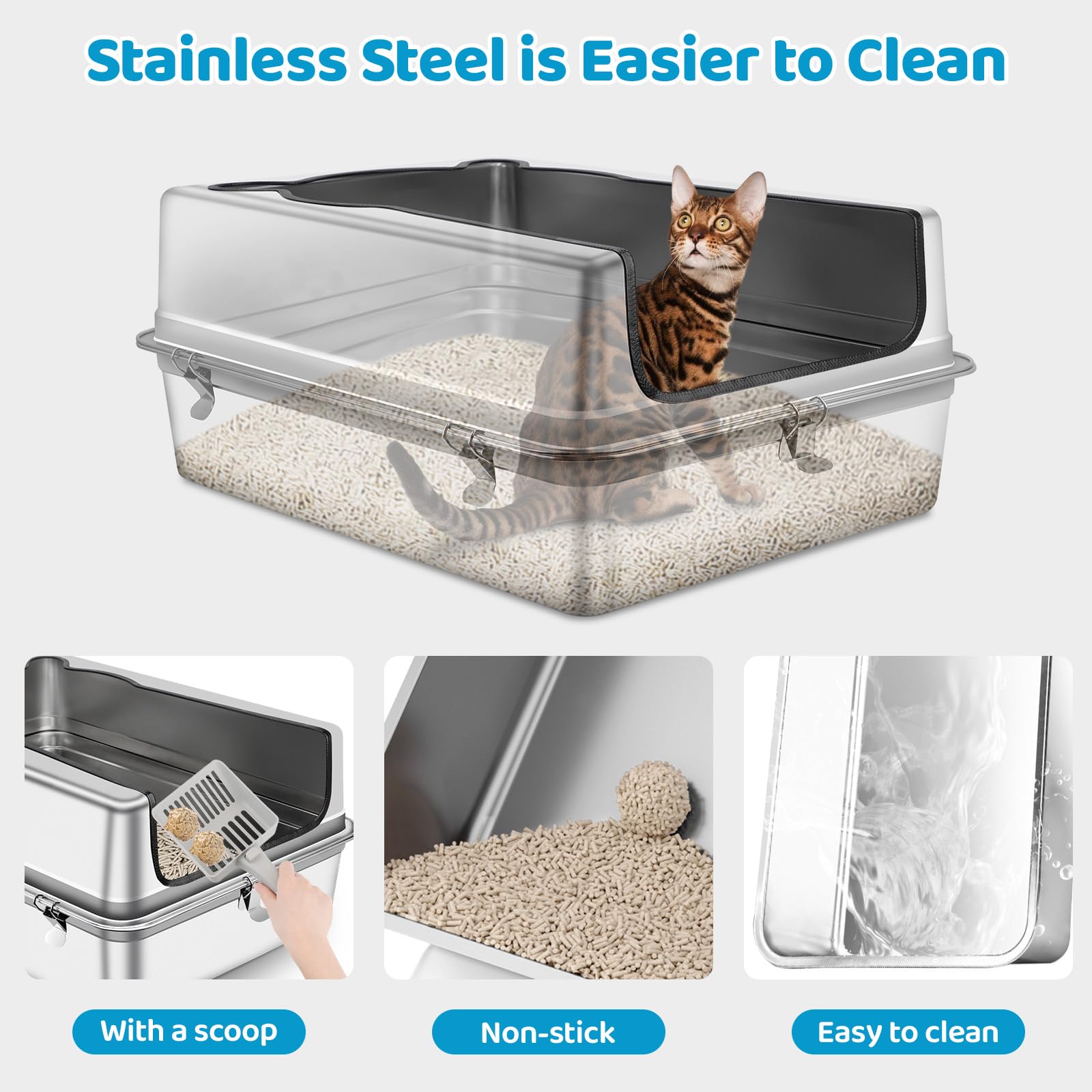 Bartuke Stainless Steel Cat Litter Box, XXXL Semi Enclosed Removable Metal Litter Tray with High Sided Enclosure, Scoop - Image 4