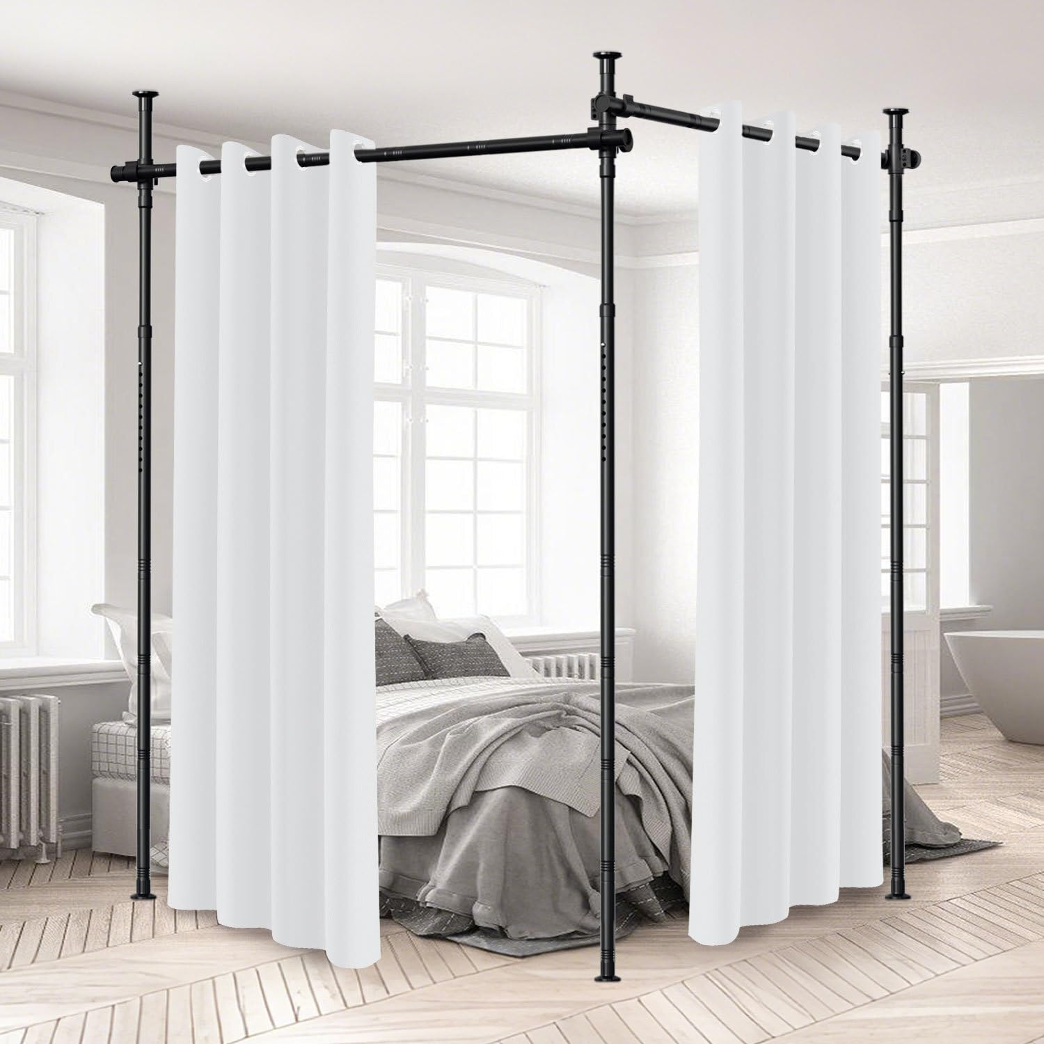 Raumteiler Paraventgestell Gardinenstangen, Freistehend Trennwand Paravent ohne Vorhang, Raumtrenner ohne Bohren, Sichtschutz für Schlafzimmer, 122–320 cm (H), 70–355 cm (B), Schwarz
