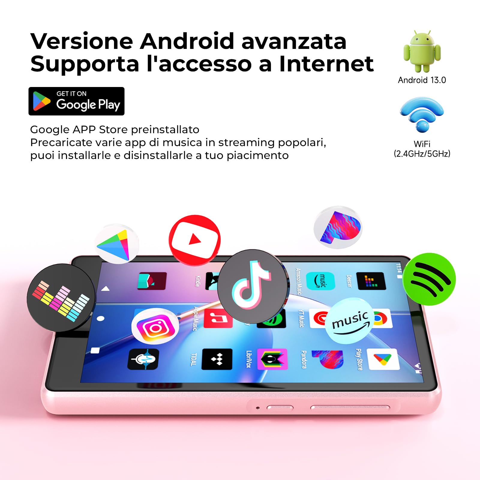 160 GB Lettore MP3 con Spotify, Bluetooth e Wi-Fi, 4,5 pollici touchscreen | Android 13 lettore MP4, Play Store, Amazon Music, Deezer, radio FM,Batteria da 2000mAh, espandibile con memory card da 1TB