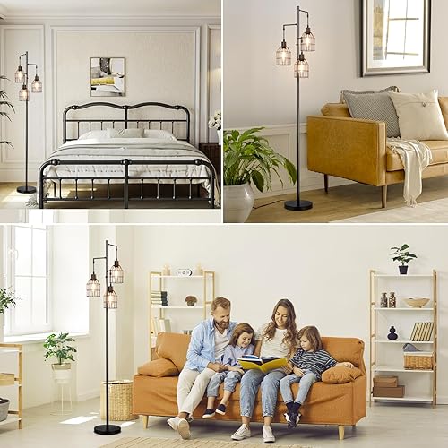 Miniatura 6 de Sucolite Lámpara de pie regulable de 69 pulgadas para sala de estar, lámpara de pie industrial de árbol de 3 luces, color negro con jaulas, lámpara