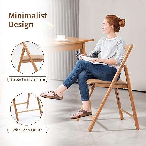 Miniatura 6 de HOMEFUN Paquete de 2 sillas plegables de madera, sillas plegables acolchadas con cojín de piel sintética resistente al desgaste, silla de comedor