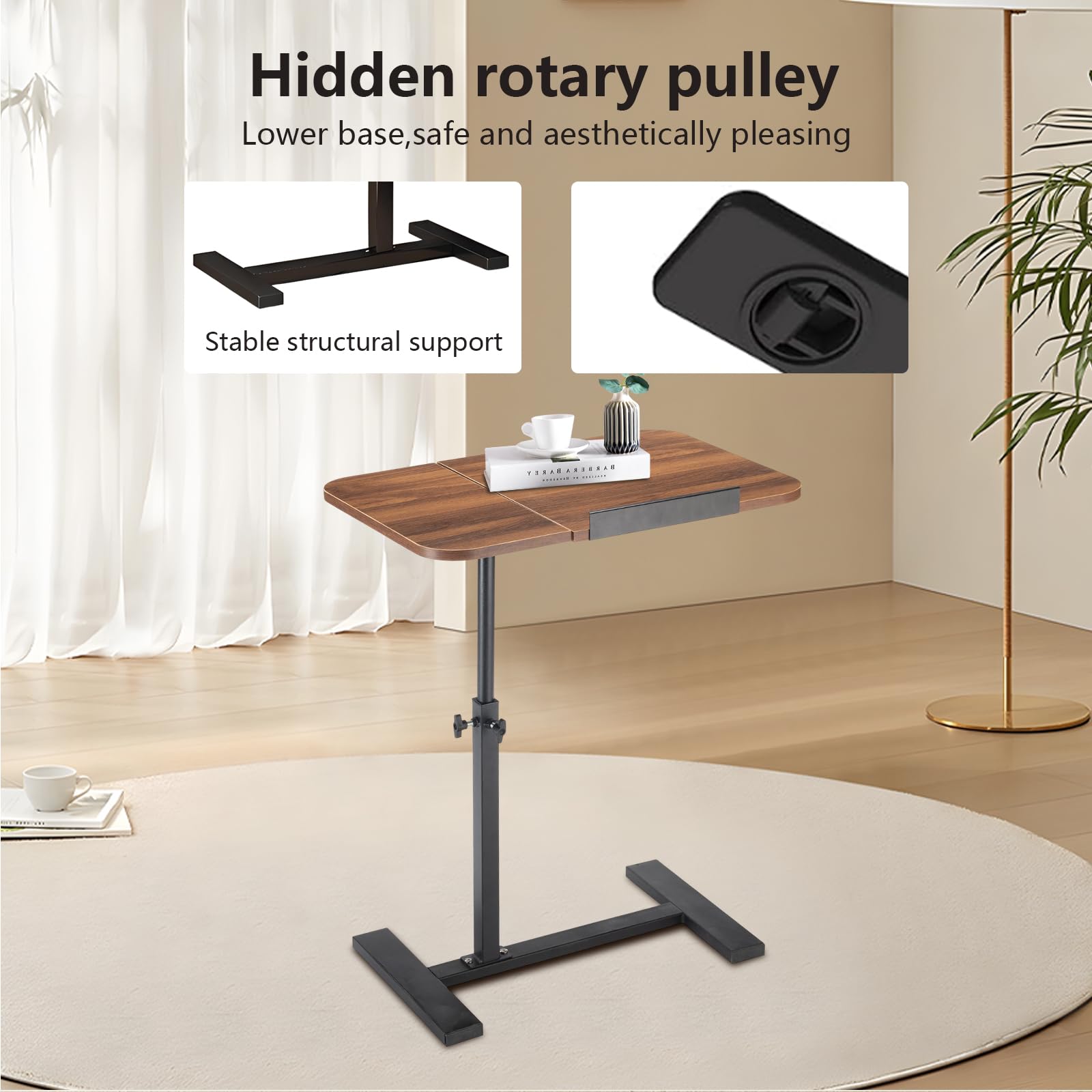 Height Adjustable Overbed Bedside Table with Wheels?Split Top Tilt Bedside Table, Mobile Laptop Computer Standing Desk Cart with Tray?Hospital/Home Use (Walnut)