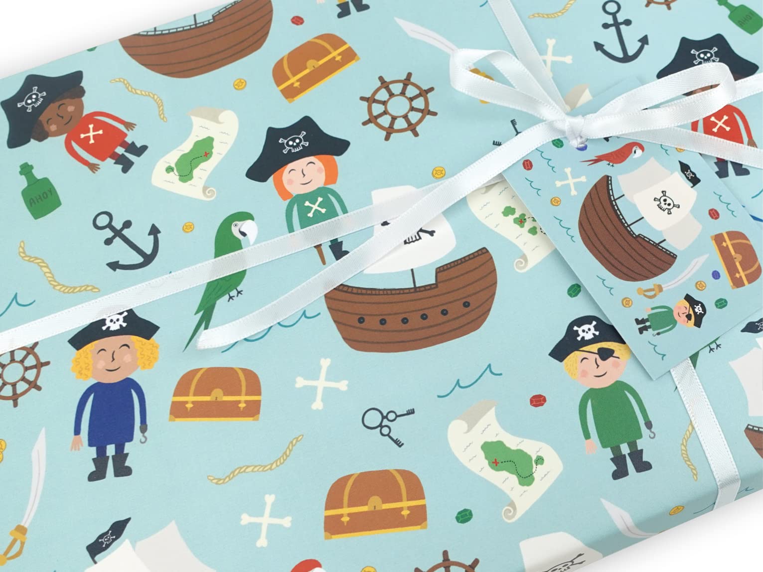 Childrens wrapping paper | Handmade gift wrap by VerbatimART - 50x70cm (2 Sheets + 2 Tags, Pirates)