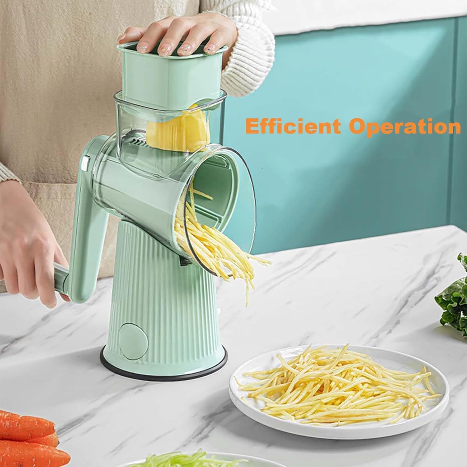 5 in 1 Food Chopper Grater, Dishwasher Friendly, Sustease Rotary Cheese Grater with Handle, Vegetable Chopper 12x Faster Meal Prep, Making Smoothies and Fruit Shakes in Summer (White)