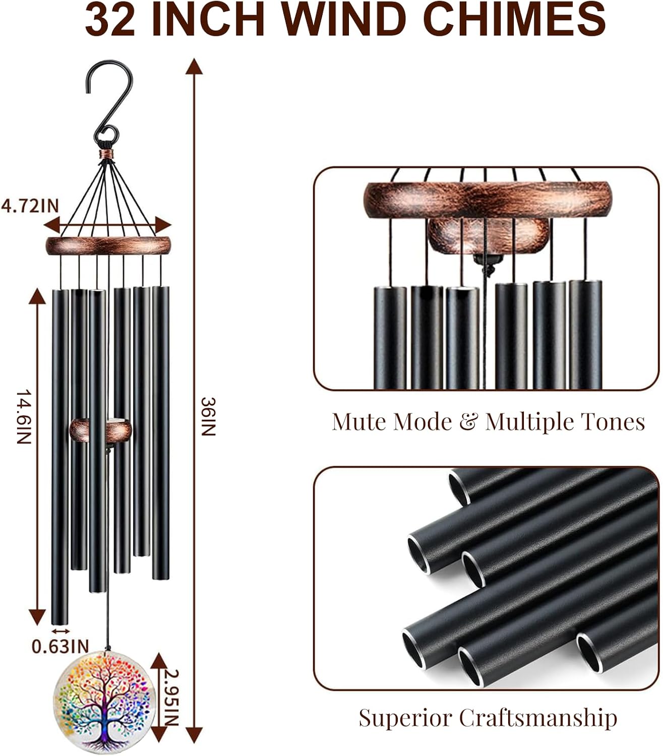 Tree of Life Wind Chimes for Outside, Deep Tone Outdoor Wind Chime with Colorful Wind Catcher, 6 Aluminum Tubes, Garden Porch Patio Decor, Memorial & Birthday Gift (36" Tree of Life)
