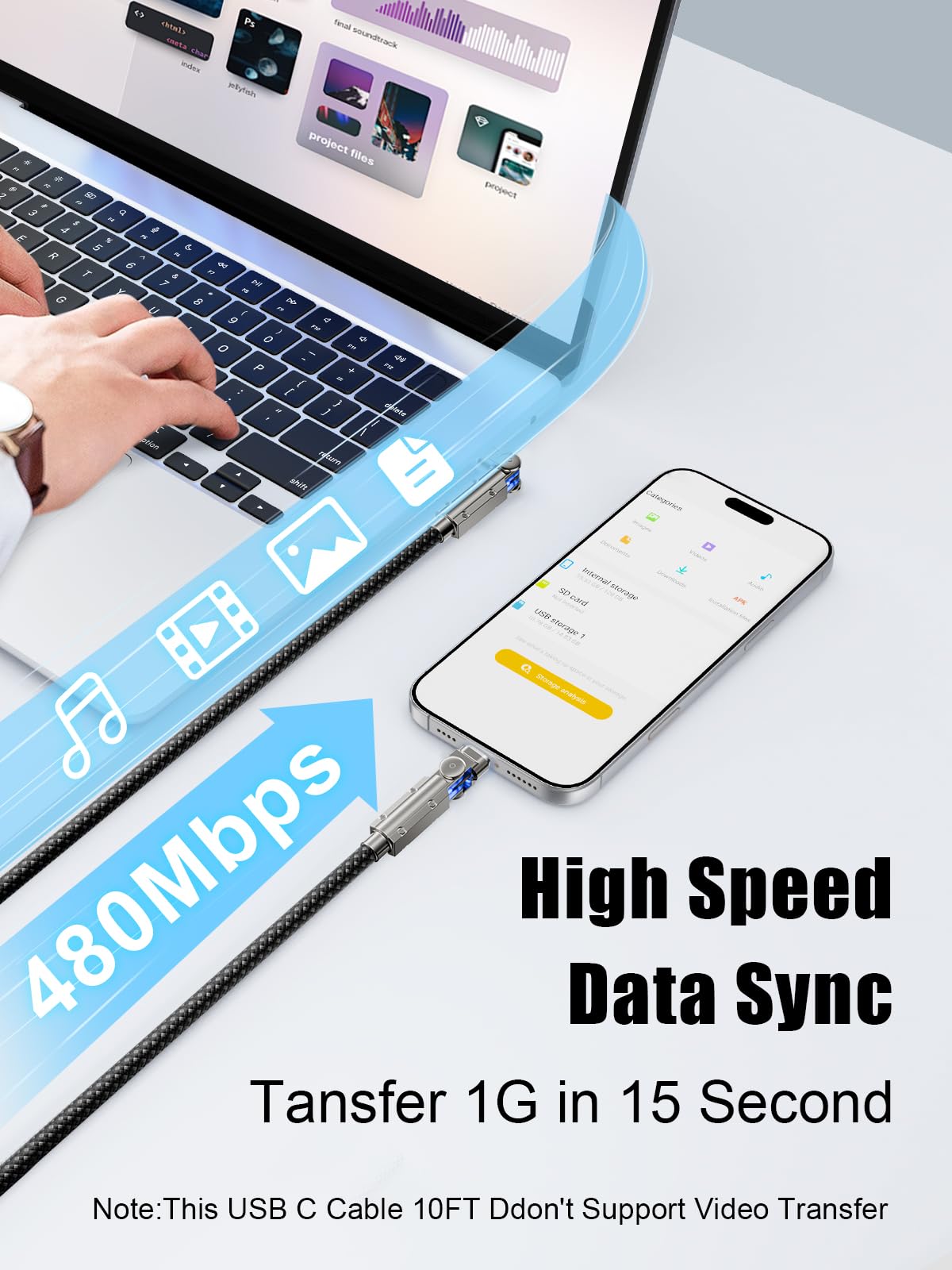 Cable USB C mejorado de 60 W de 10 pies, rotación de 180°, cable de carga rápida USB C a USB C, cable de carga trenzado de nailon tipo C para iPhone 17/16/15, MacBook, iPad, Samsung