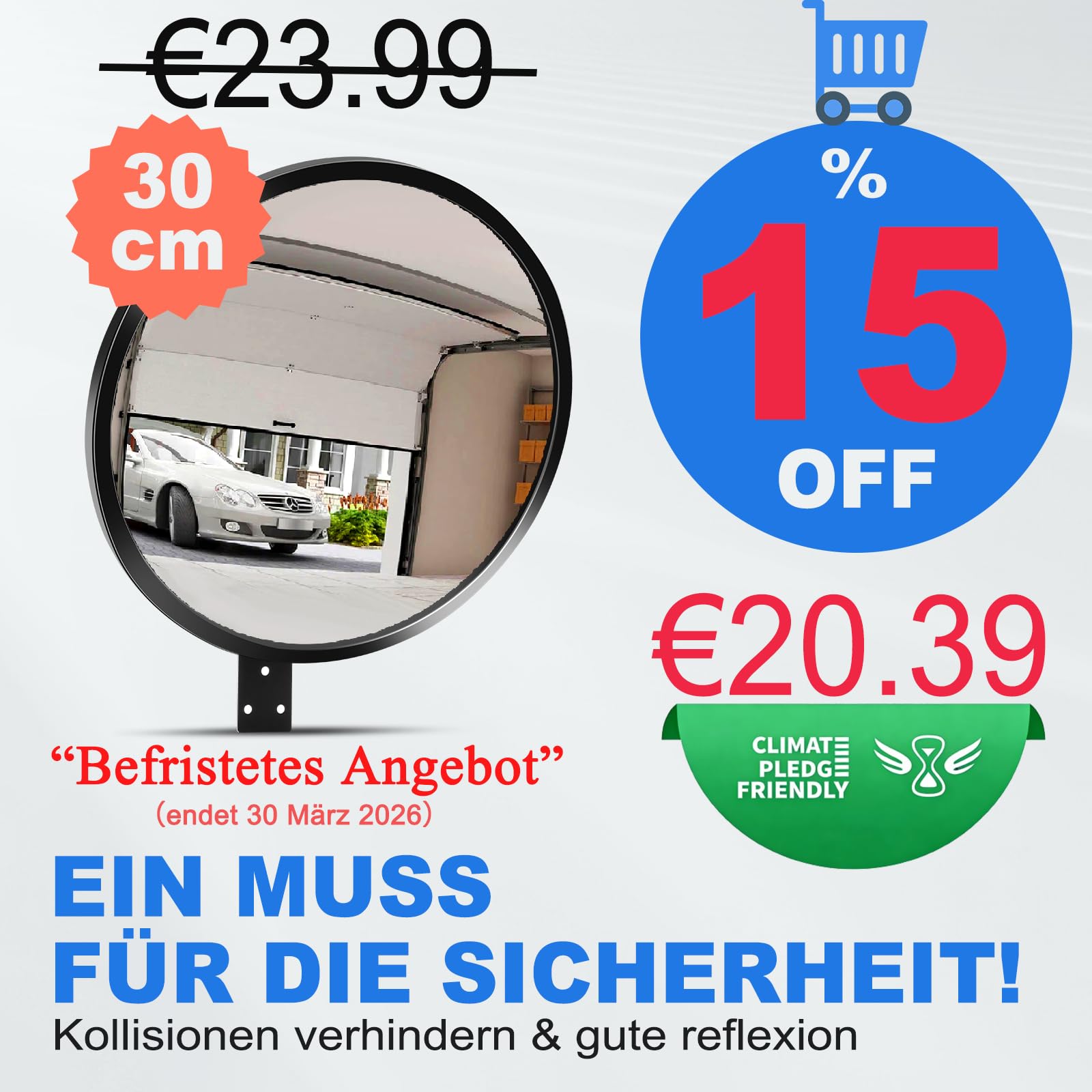 moveland Konvexspiegel - Verstellbarer Verkehrsspiegel 30 cm - Weitwinkel Spiegel Konvex Rund - Acryl Parabolspiegel - für Garage, Verkehr, Einfahrten, Büro, Hof, Lager (130 Grad konvex)