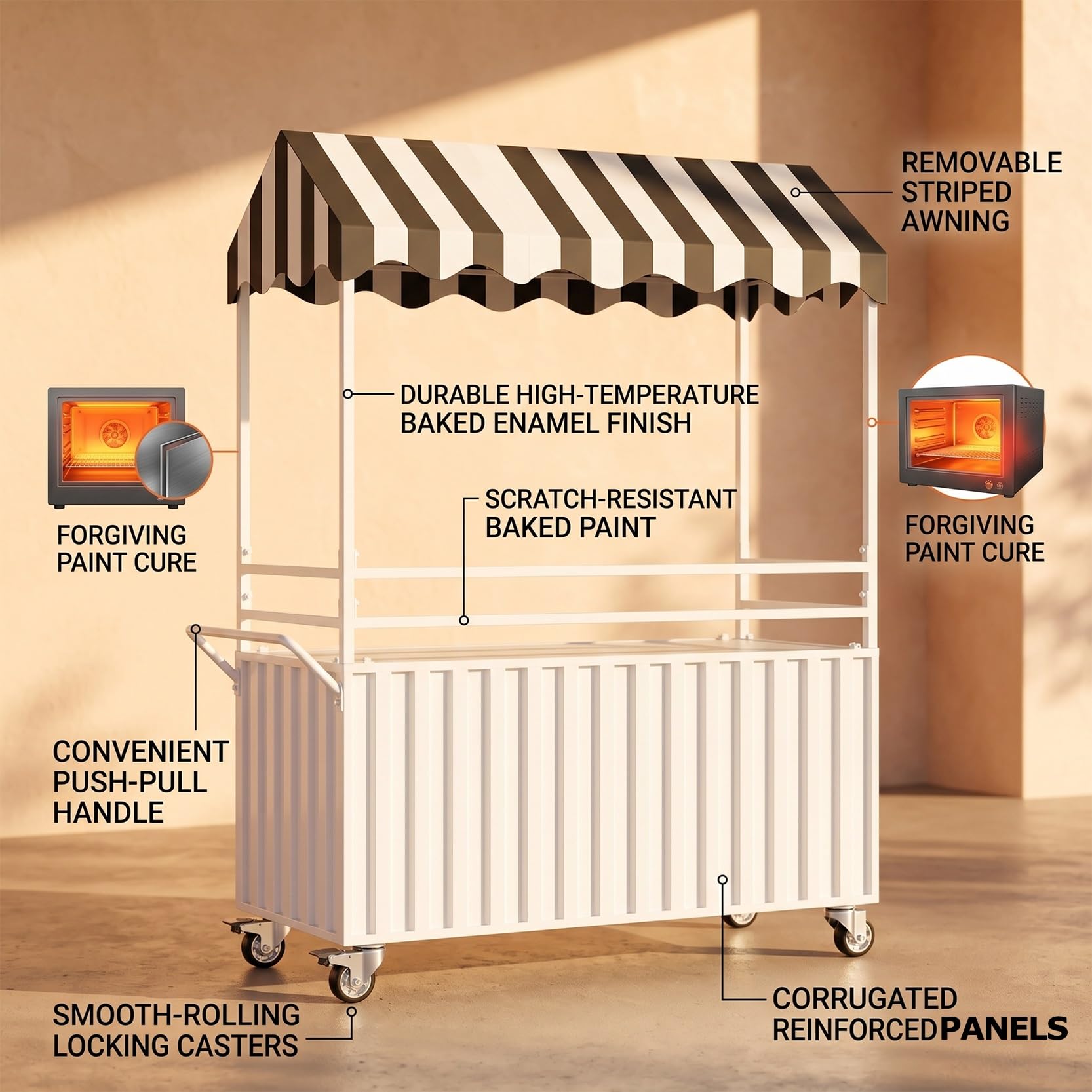 Carro de Venta Ambulante con toldo a Rayas, Expositor de Alimentos portátil con Ruedas con Freno, Carro Comercial para mercados y Eventos(Blauw,100cm/39.3in)