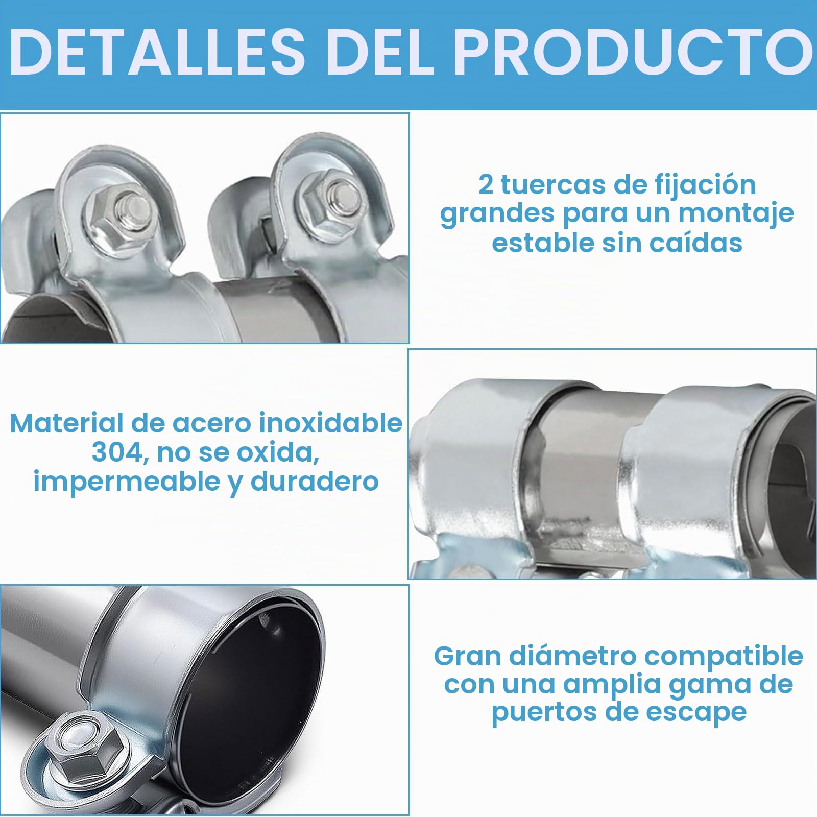Abrazadera de Tubo de Escape Ø 60mm x 95mm, Abrazadera de Banda de Escape Acero Inoxidable Conector de Tubo de Escape, Abrazadera Universal con 2 Abrazaderas de Escape (Ø55mmx95mm)