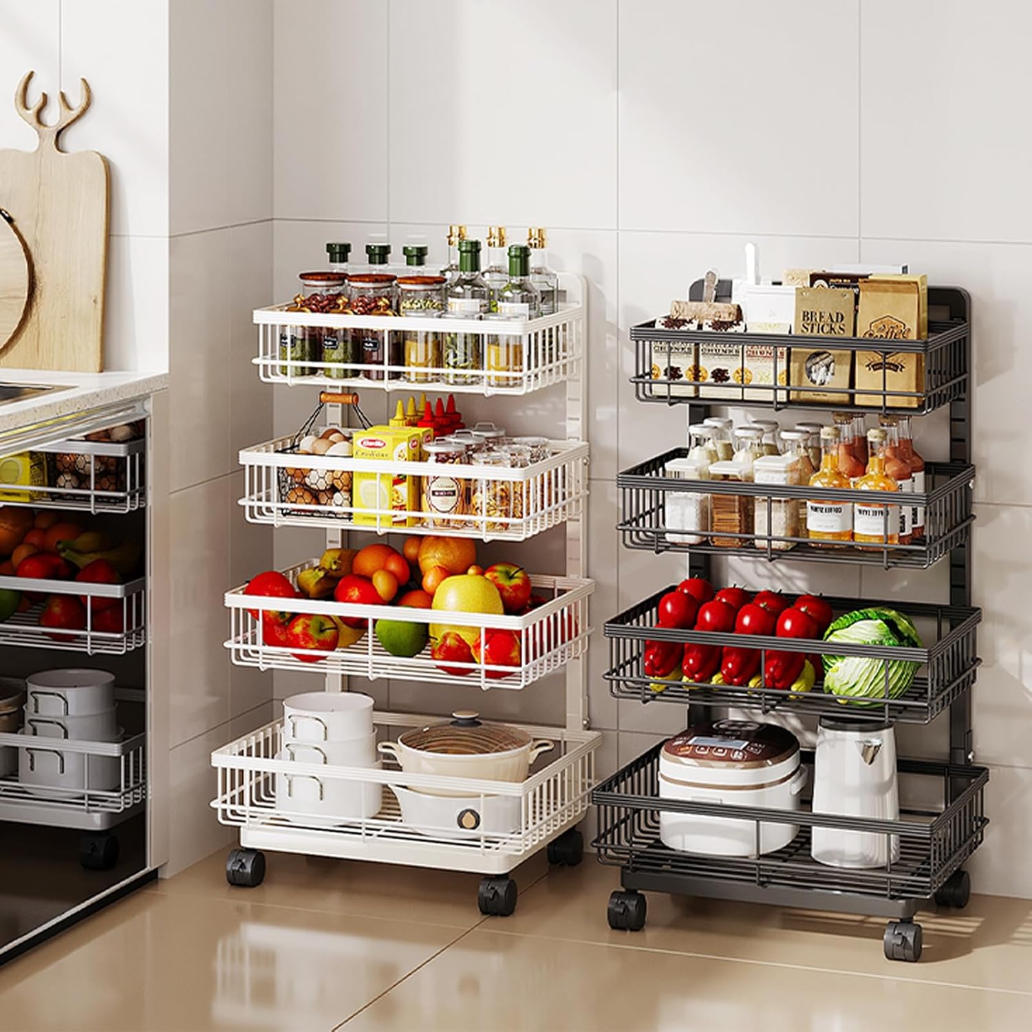 Aupekro 4-Tier Kitchen Storage Cart, Metal Utility Rolling Cart with Wheels, Versatile Rolling Storage Snack Cart, Adjustable Fruit Vegetable Basket Rack for Pantry, Bathroom, Kitchen, Office (Black)