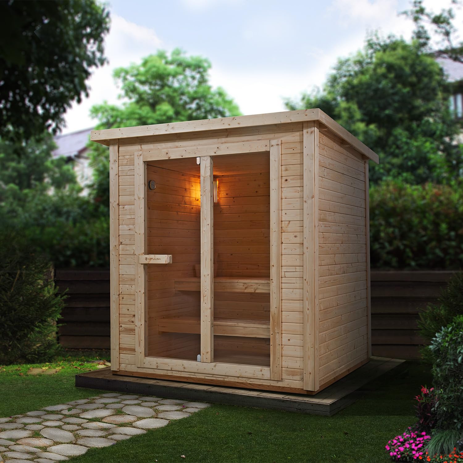 Artsauna Varberg Gartensauna 200 x 160 cm 8 kW Fichtenholz Outdoorsauna für 4 Personen Komplett Set