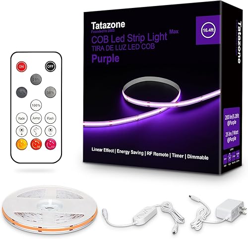 Tatazone Tira de luces LED COB moradas Max con control remoto RF, tira de luz LED COB ultra regulable de 16.4 pies, luces LED COB adhesivas para