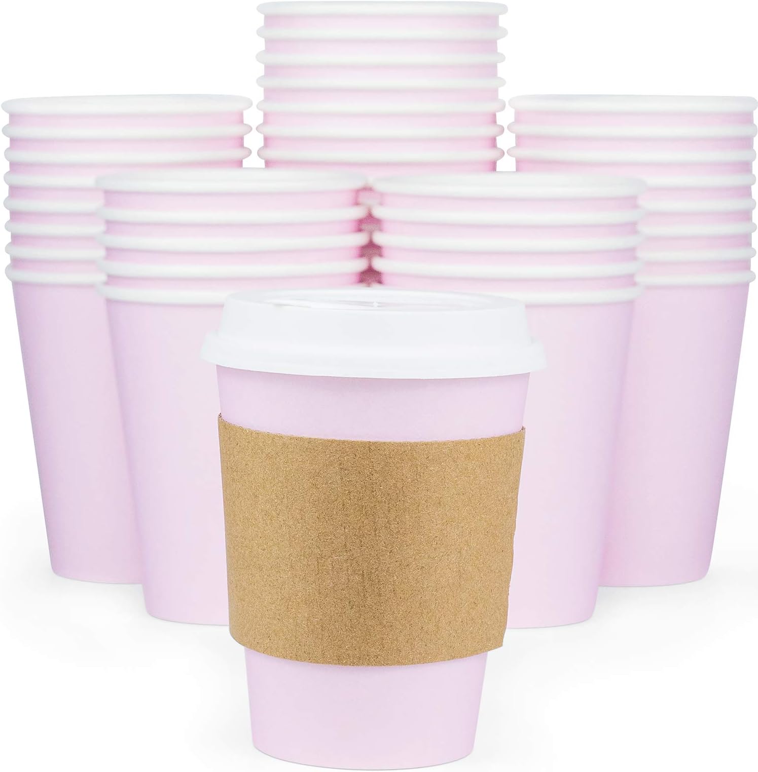 Glowcoast Disposable Coffee Cups With Lids - 12 oz To Go Coffee Cup (110 Pack). Large Travel Cups Hold Shape With Hot and Cold Drinks, No Leaks! Paper Cups with Insulated Sleeves Protect Fingers!