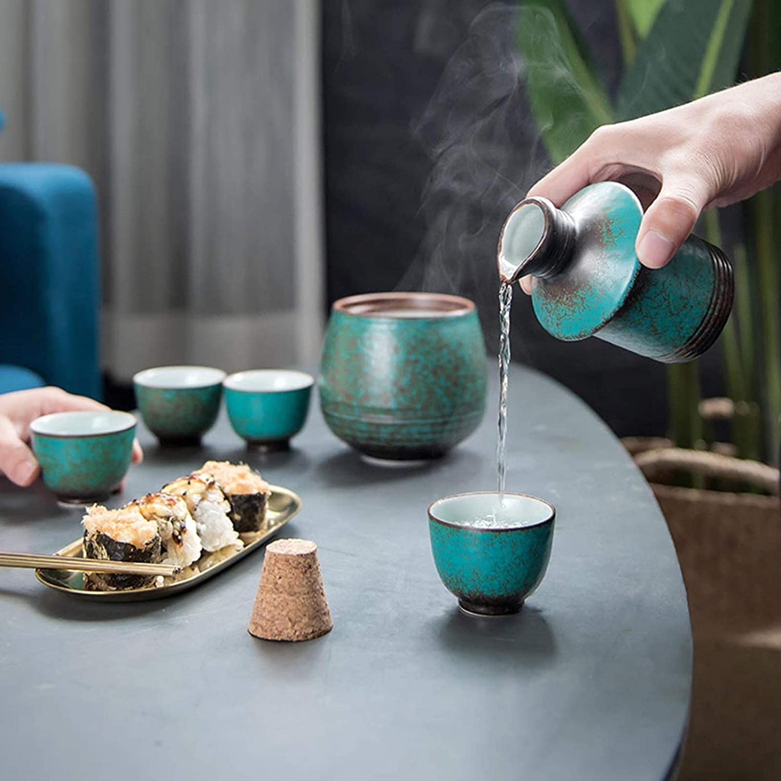 Juego de Sake conciso japonés de cerámica con Calentador, Tazas de Sake, Jarra para Servir y Cuenco Calentador, 6 Piezas