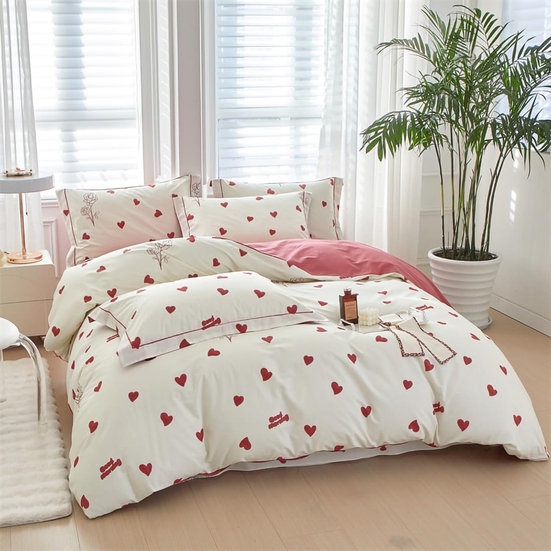 Amour Cœur Rouge Housse de Couette 280x240 Parure de Lit 280 x 240 Coeur Imprimé Rouge et Blanche Adulte 2 Personnes avec Fermeture Éclair, Motif du Cœur Parure Housse Couette en Microfibre