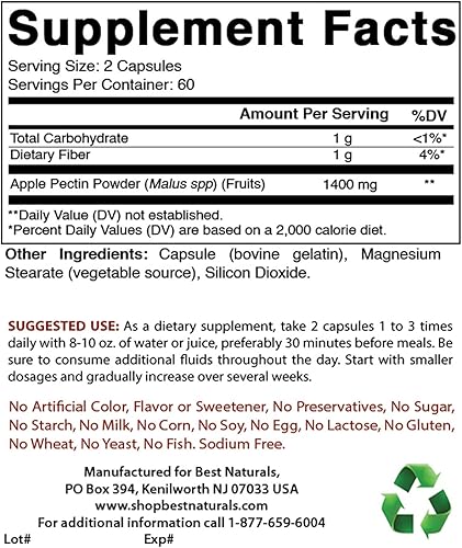 Best Naturals Pectina de manzana 700 mg y glicinato de magnesio 425 mg