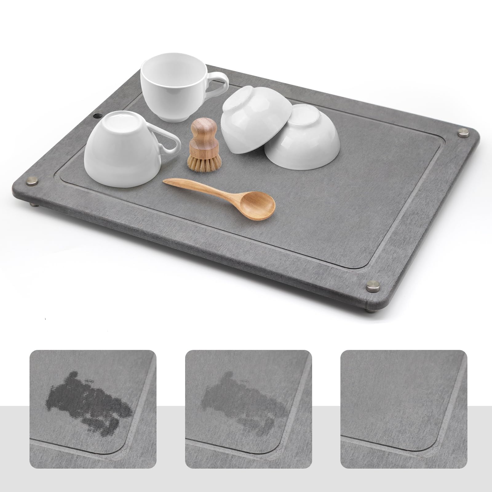 Water Absorbing Stone Dish Drying Mats for Kitchen Counter, Quick Drying Stone Mat with Stainless Steel Feet,Kitchen Dish Drying Pad Absorbent Draining Mat,Home Dish Rack Mat