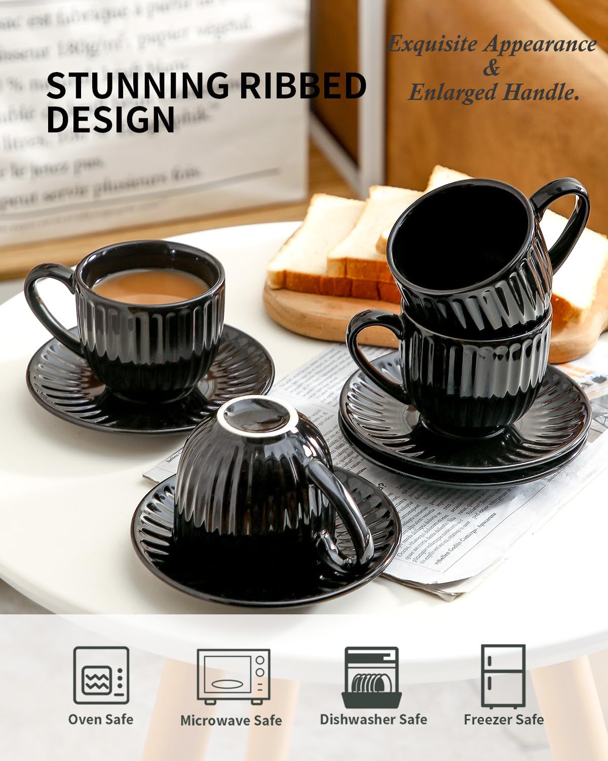 Hasense Porcelain Cappuccino Cups And Saucers Set Of 4,White Ribbed 6