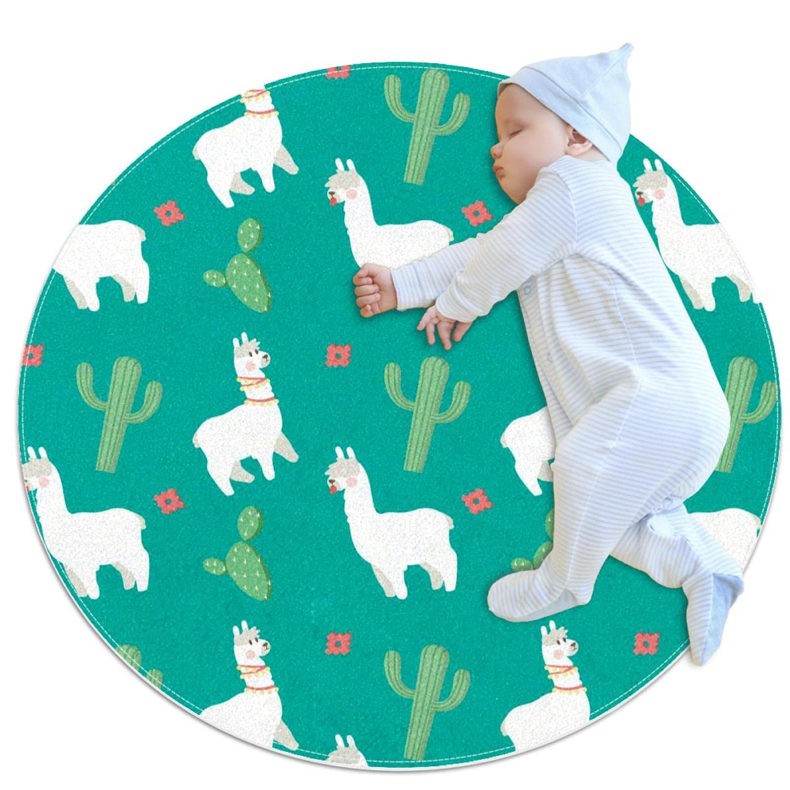 Petit tapis rond alpaga et cactus de 1m antidérapant pour chambre