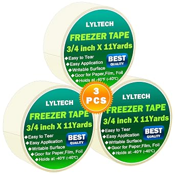 LYLTECH Crepe Paper Freezer Tape 3 Rolls x 3/4in x16yd -1.5in Core | 48yd Total,Low Temp Resistant Writable surface, easy tear residue-free tape for cold storage freezer marking labeling