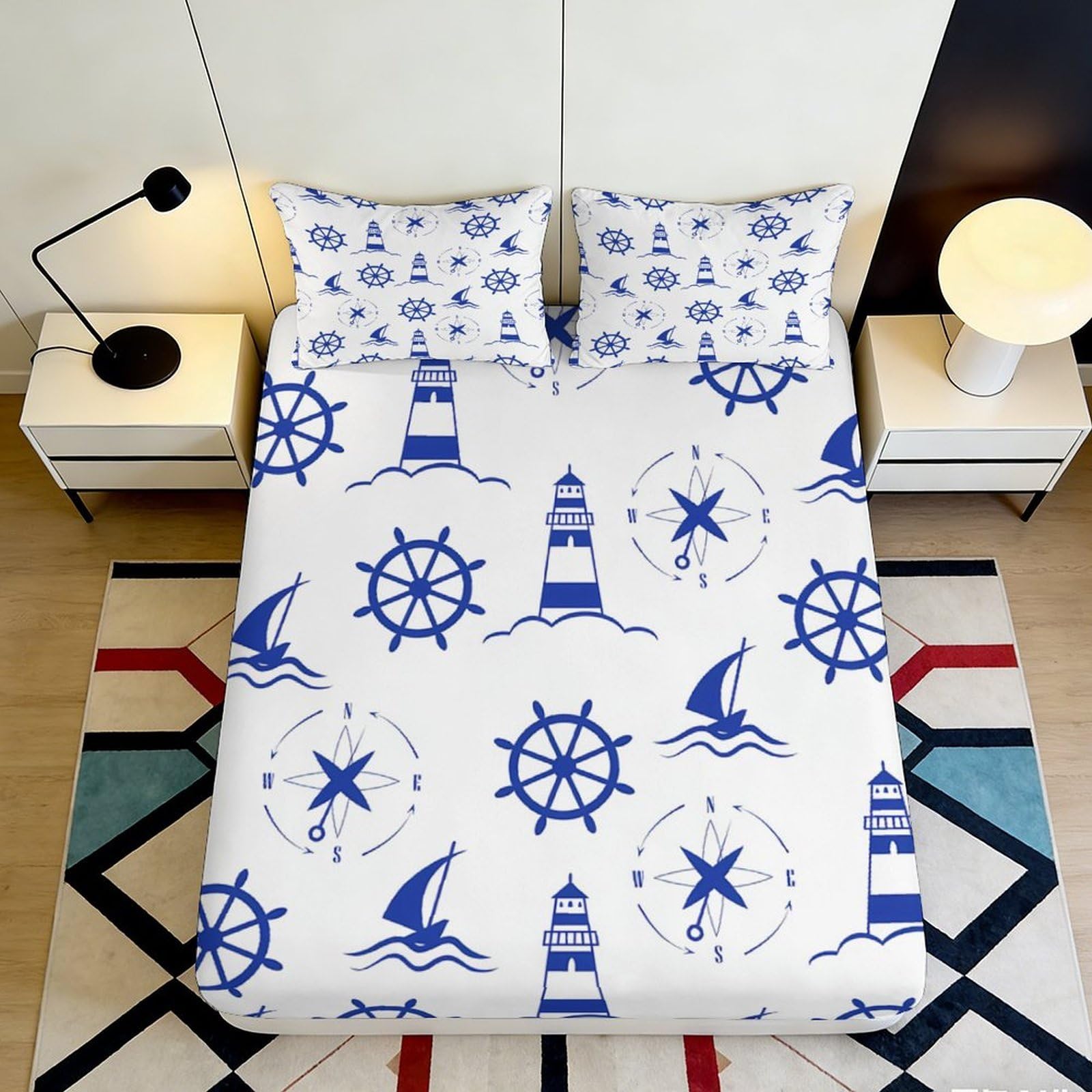 3D Printed Nautical Lighthouse Fitted Sheet Microfiber Soft Blue Sailboat Bed Cover for Bedroom Dorm Mattress Decor 90x200x25cm
