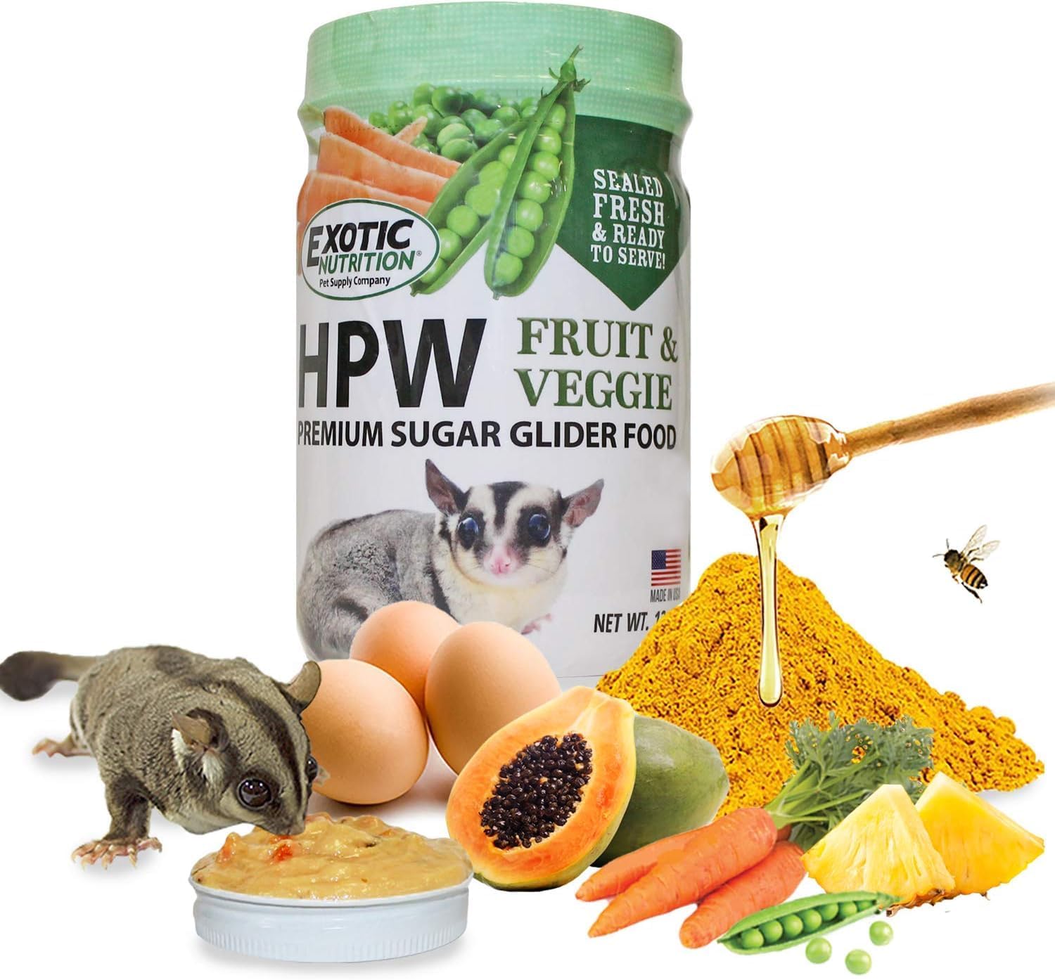 Exotic Nutrition Sugar Glider HPW Diet Jar - High Protein Healthy Natural No Mess Food for Sugar Gliders - High Protein Wombaroo Diet (Fruit & Veggie)