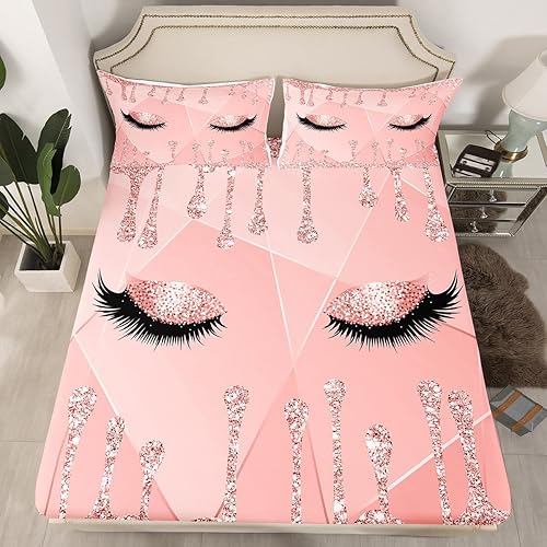 Miniatura 2 de Juego de sábanas de pestañas con diseño de ojos con bolsillo profundo, sábana bajera ajustable con estampado de purpurina (sin purpurina), juego de