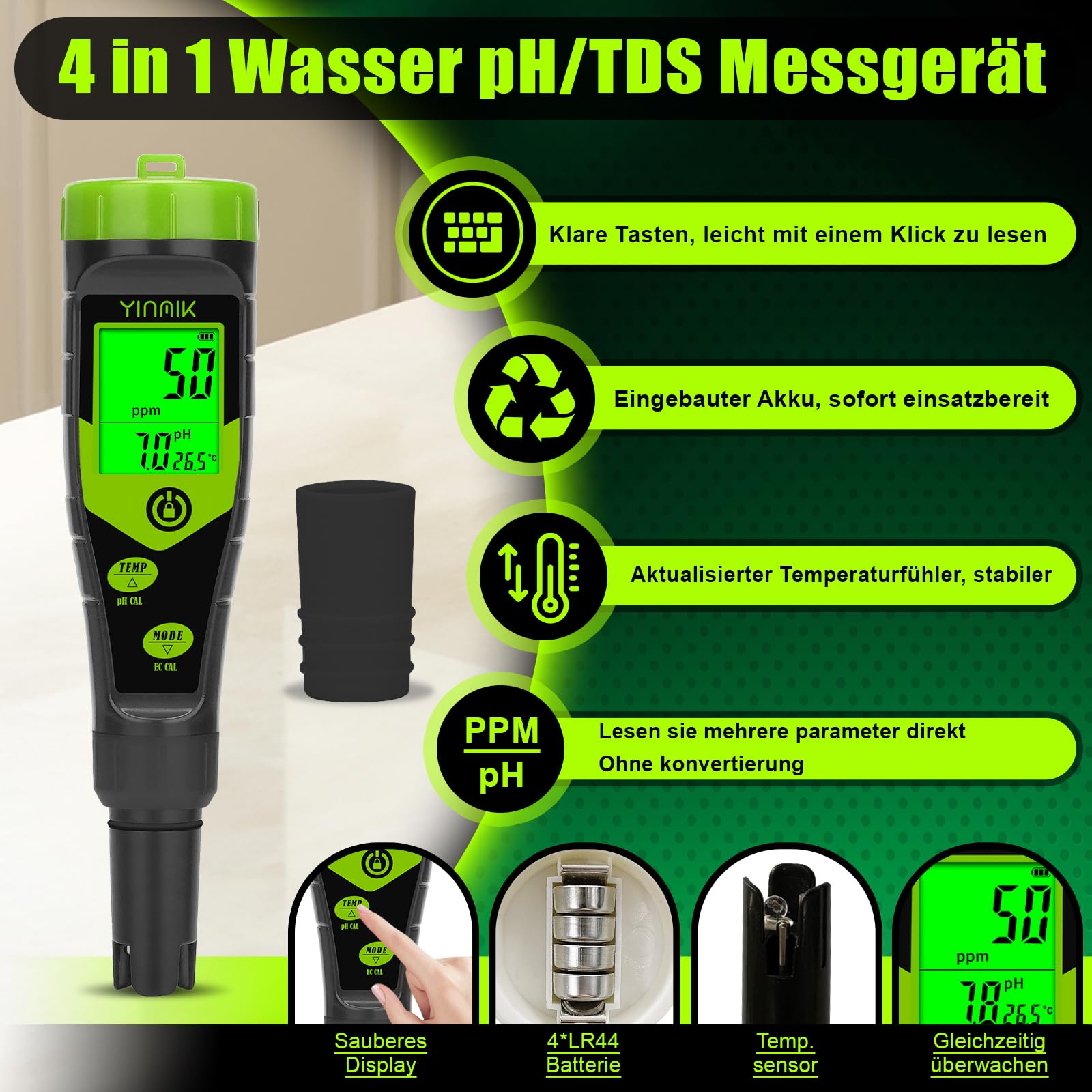 YINMIK pH EC Messgerät Pool pH Tester 4 in 1 Leitfähigkeitsmessgerät PPM Tester Gleichzeitige Messung von pH, EC, Temperatur und TDS für Wasser, Aquarium, Bierherstellung, Hydroponik