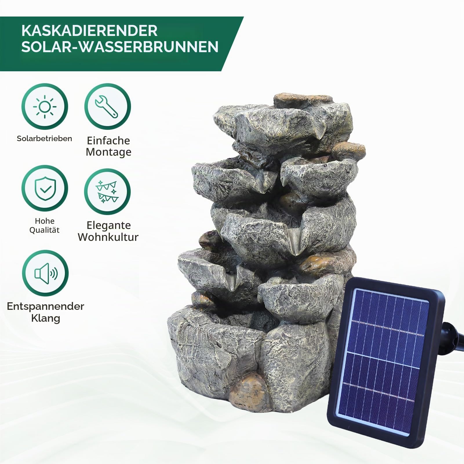 Warmiehomy Solar Springbrunnen Kaskaden-Zimmerbrunnen Wasserfall mit LED-Licht, Solarbrunnen für Draussen, Solar Gartenbrunnen für Außen, Wasserspiel für Garten Balkon