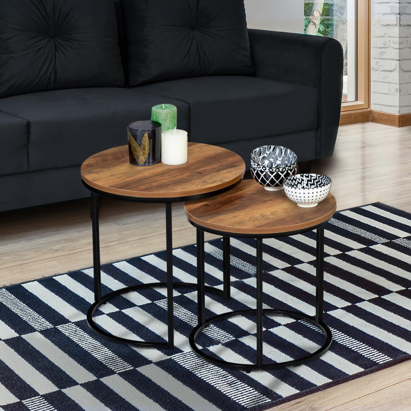 IDMarket - Lot de 2 Tables Basses gigognes Hawkins Rondes 40/45 Bois foncé Design Industriel