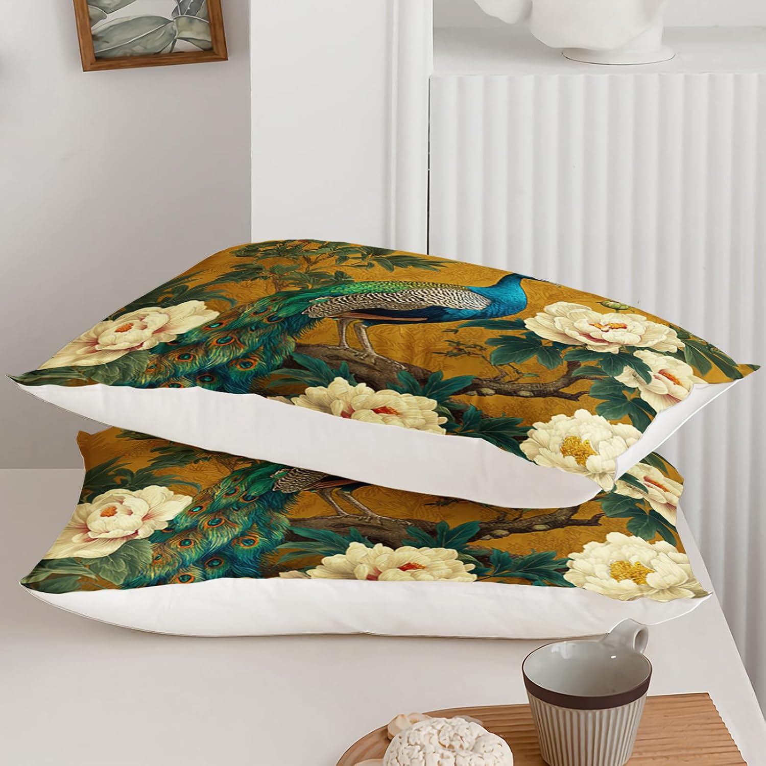 AILONEN Elegant Peacock Duvet Cover Set King Size,Vintage Animal Luxury Golden Bedding Sets for Girls Women,Beautiful Peony Flower Peacock Comforter Cover,3Pcs(1 Quilt Cover Cover + 2 Pillowcases)
