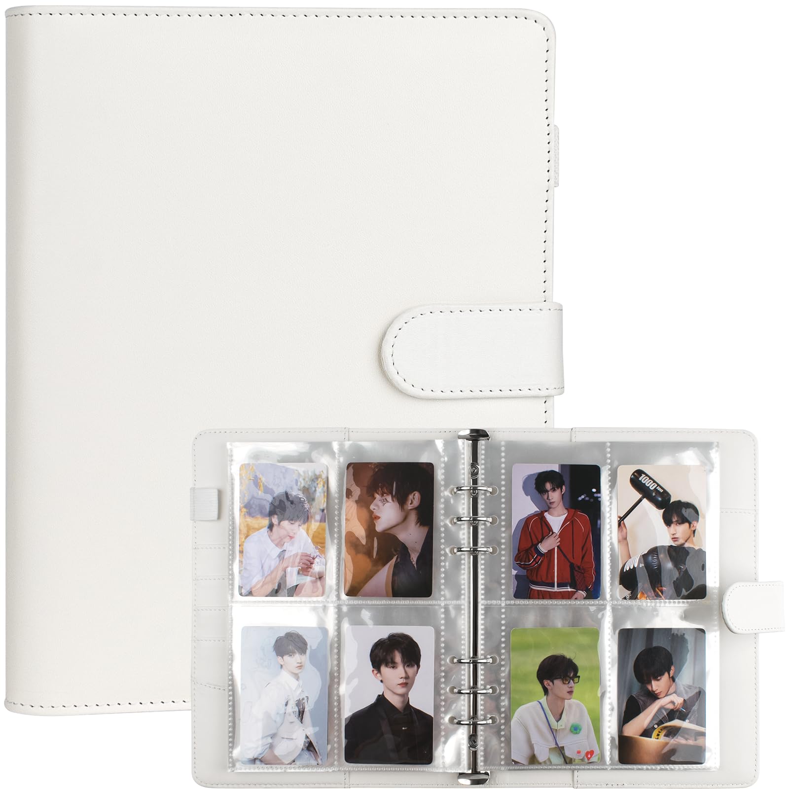 A5 Kpop Photocard Binder, 6 Ring Binder Album with 200 Card Slots, PU Leather Binder Cover with Magnetic Buckle Closure for Organizing Trading Cards (White)
