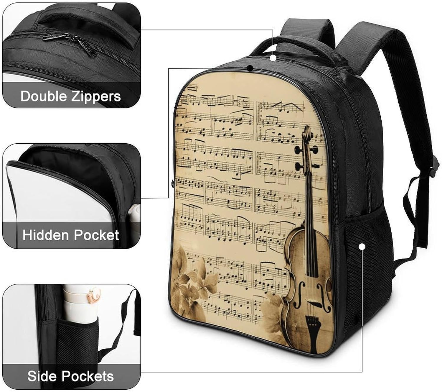 16-Inch Laptop Backpack Water-Resistant Music Notes Daypack Lightweight Casual Rucksack for Travel Commuter Hiking Camping Outdoor Activities-Black image 5