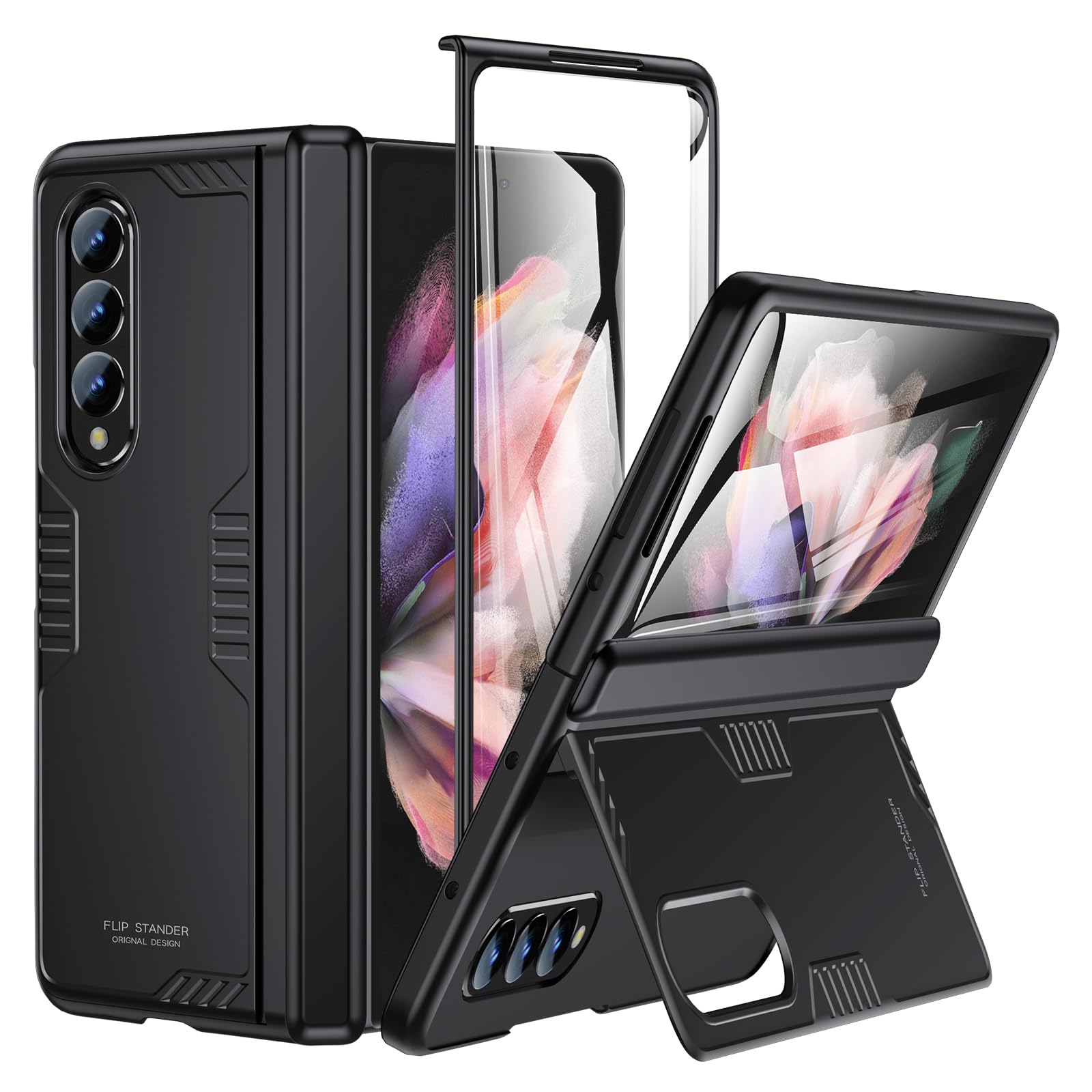 LEIAU for Samsung Fold3 Kickstand Case: Galaxy z3 fold 5G Phone Cover with Hinge Protection Screen Protector 2021 Black
