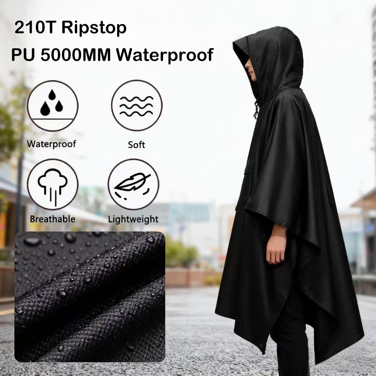 Oxford 210T Poncho de pluie imperméable pour homme Poncho de pluie pour festival, vélo et randonnée 3 en 1 imperméable à capuche pour camping