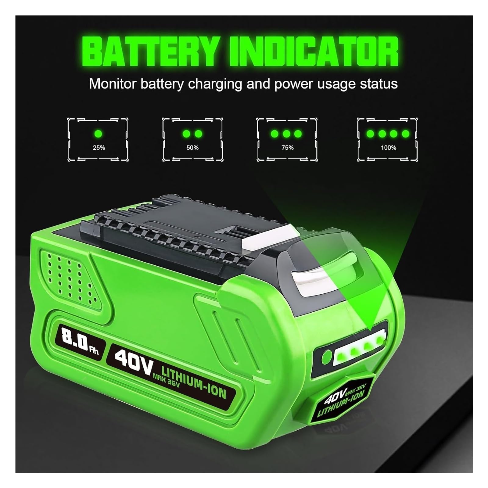 Batteria ricaricabile for elettroutensili, batteria di ricambio 40V 6.0Ah 8.0Ah, compatibile con Greenworks 29472 29462 29252 20202 22262(2pcs 8.0Ah)