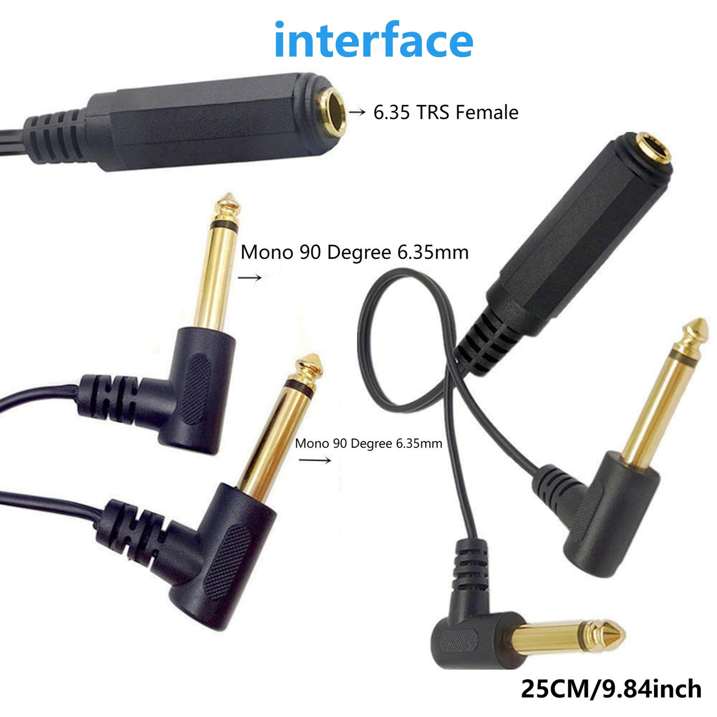 Adattatore stereo TRS femmina da 6,35 mm a doppio connettore TS mono maschio da 6,35 mm, splitter a 90 gradi, cavo splitter audio da femmina a 2 maschio, placcato oro, 25 cm