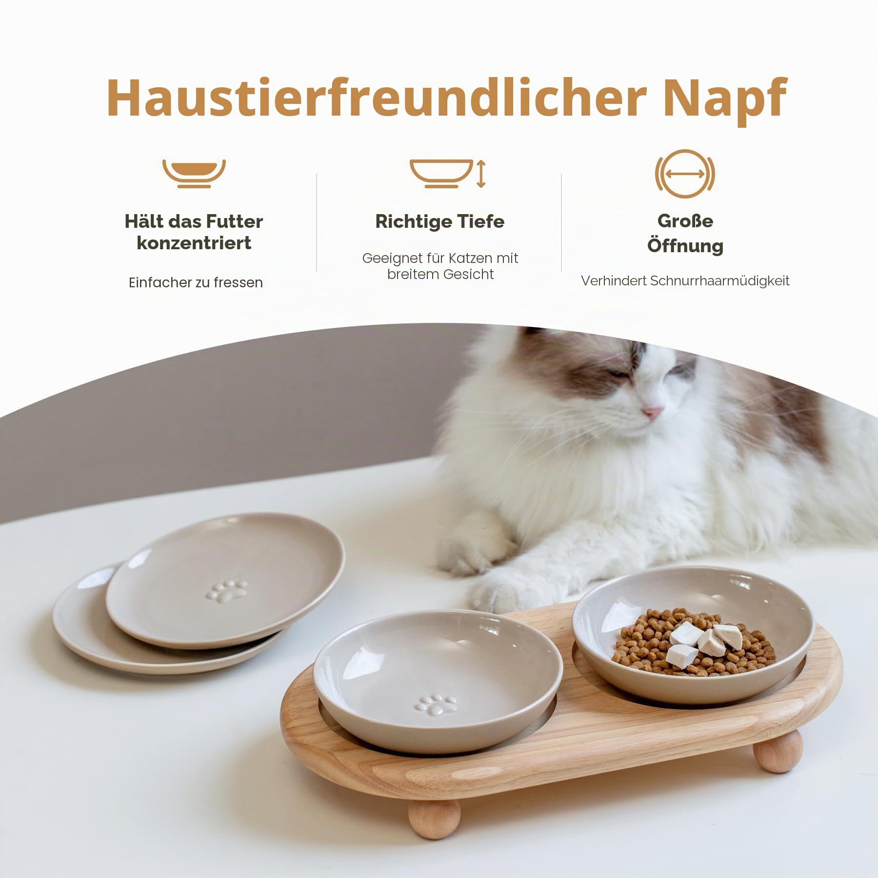 Havniva Erhöhter Keramik-Fressnapf für breites Schnurrhaar, Futter- und Wassernapf 2-Stile, verstellbar, Anti-Schnurrhaar, Müdigkeit (2 Schalen + 2 Flache Schalen + Ständer